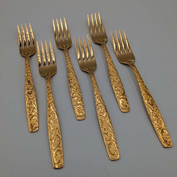 Americana Golden Heritage Flatware Golden Scroll 6 Dinner Forks 6.75" Vintage - Picture 2 of 14